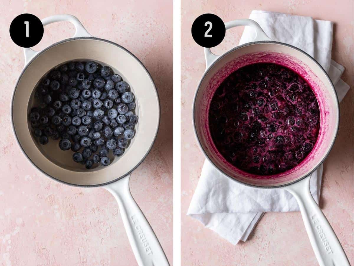 Blueberries, water, and sugar in a saucepan. Then, cooked until the blueberries burst.
