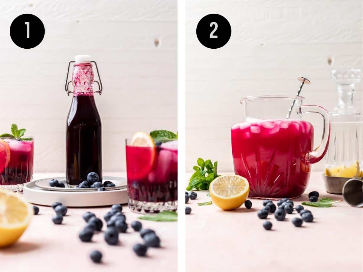Blueberry simple syrup in a jar. Blueberry vodka lemonade mixed in a large pitcher.