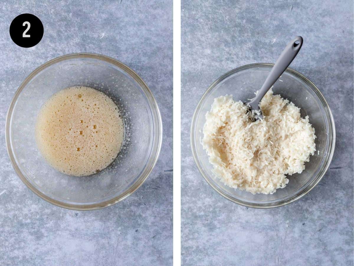 Frothy eggs and sugar in a mixing bowl. Then, mixed with coconut flakes.
