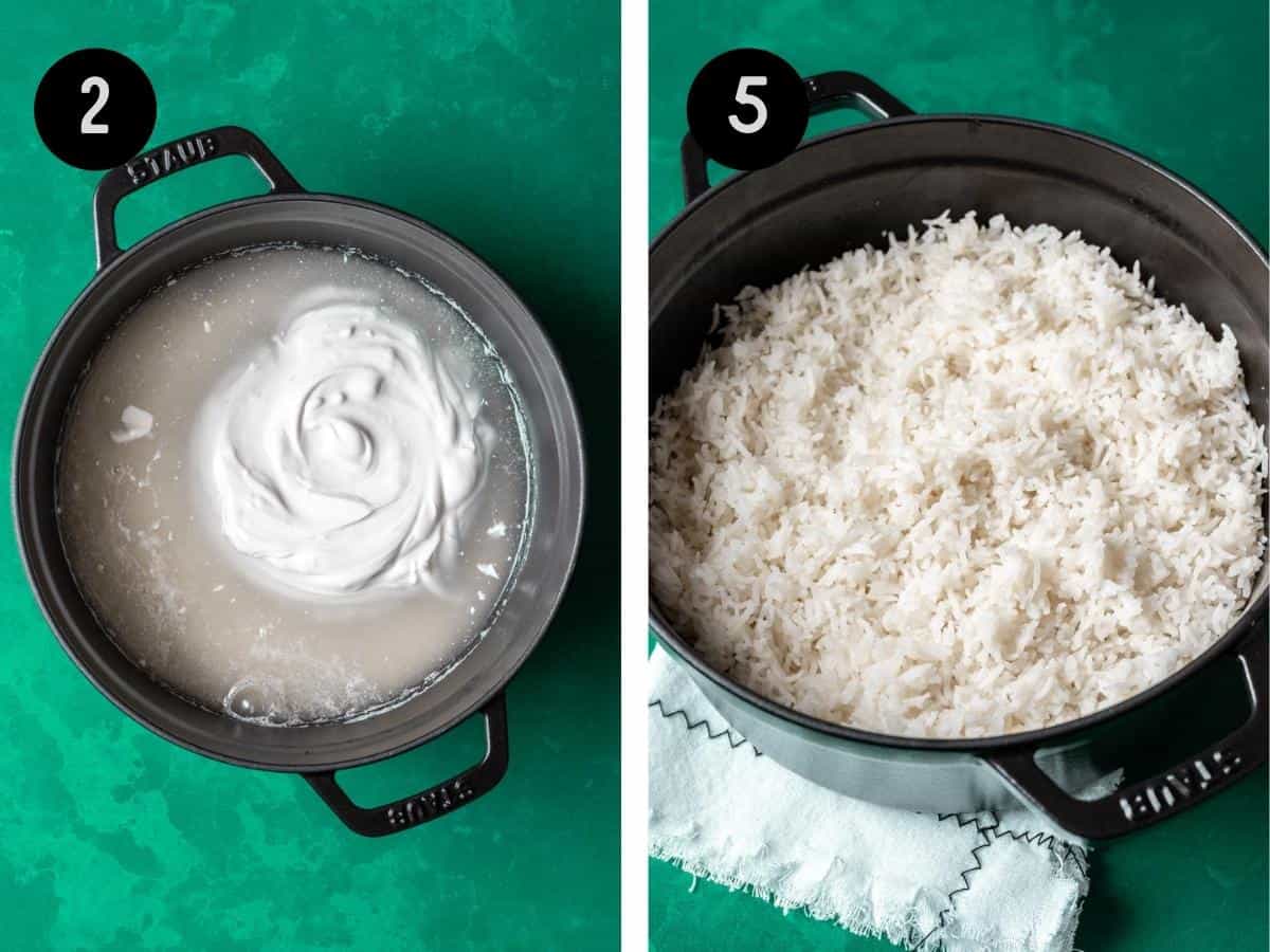 Rice, coconut milk, and water in a black pot. Cooked rice fluffed with a fork in a pot.