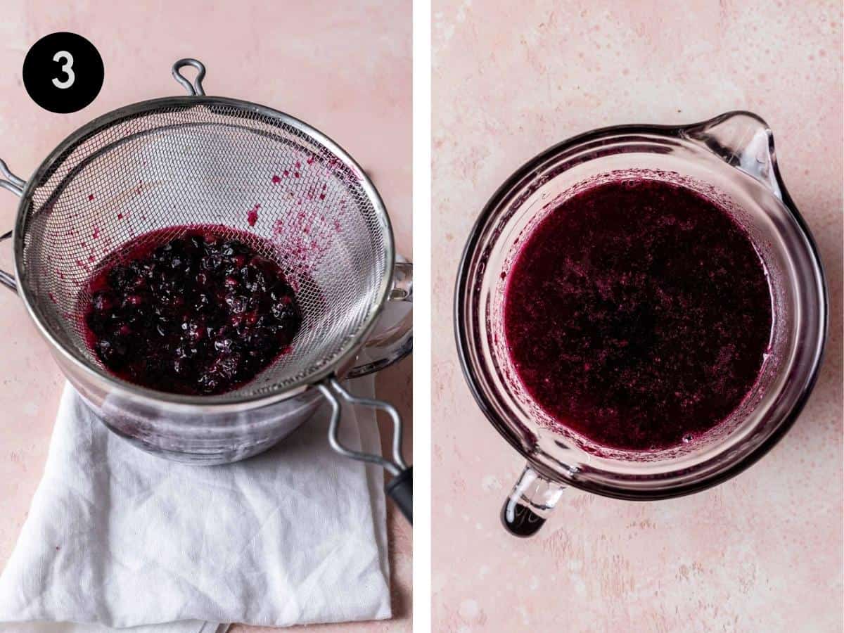 Blueberry simple syrup strained through a sieve.