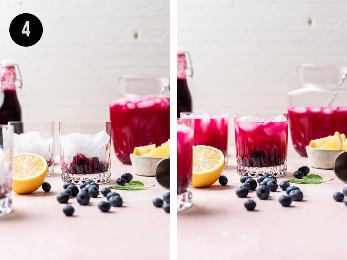 Muddled blueberry topped with blueberry vodka lemonade in a glass cup.