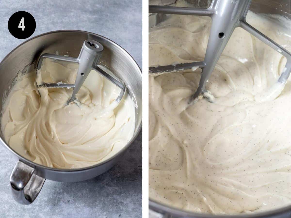 Cheesecake batter mixed with vanilla bean seeds in a mixing bowl.