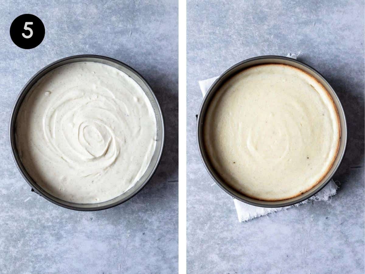 Before and after of raw cheesecake batter and cooked cheesecake in a spring form pan.
