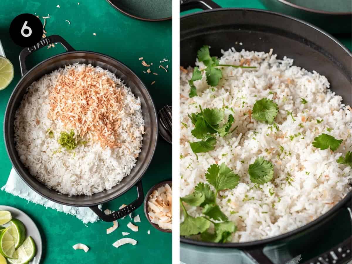 Cooked rice topped with toasted coconut and lime zest.
