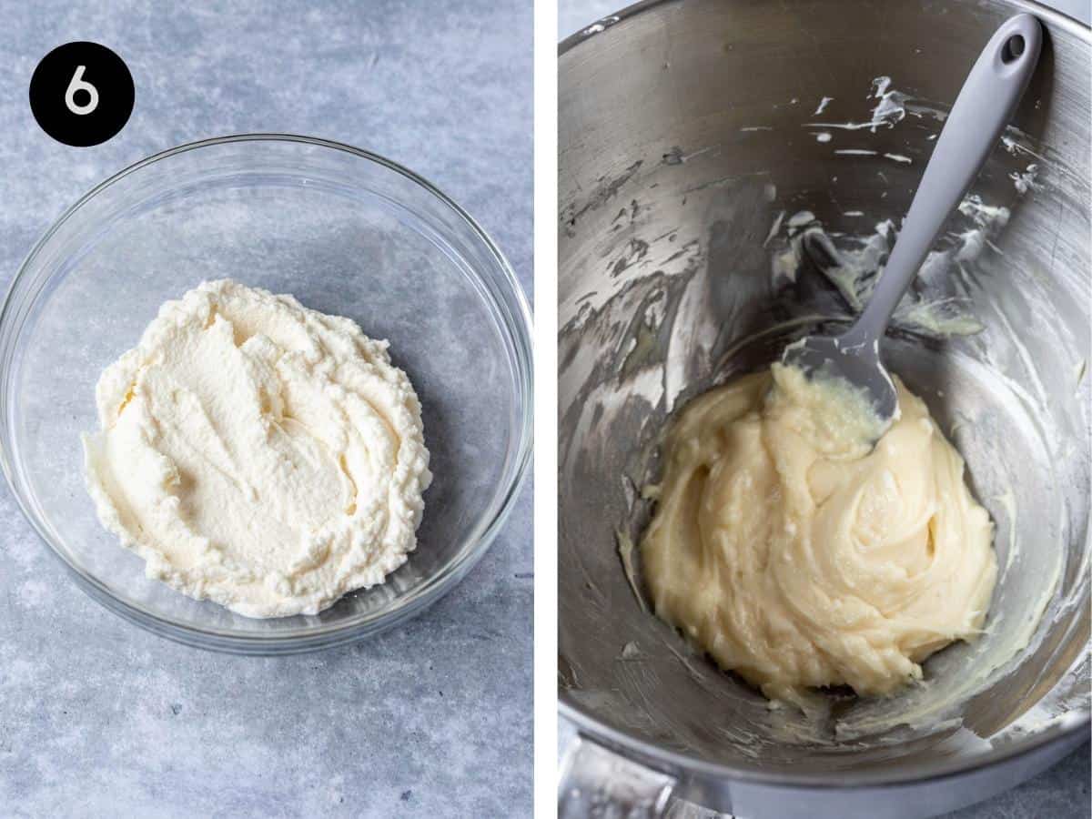 Whipped cream in a glass mixing bowl. White chocolate and cream cheese beaten together in a mixing bowl.