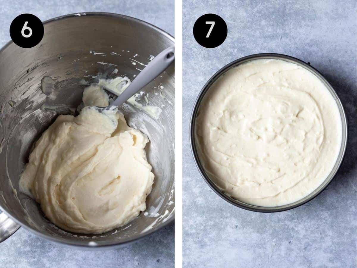 White chocolate and cream cheese folded into the whipped cream in a mixing bowl. White chocolate mousse spread over the top of the cheesecake.