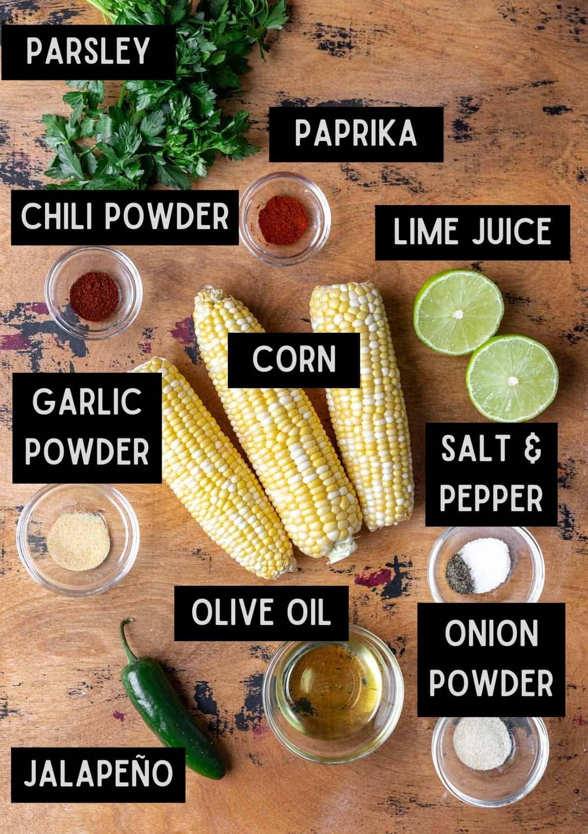 Labelled ingredients for skillet roasted corn (see recipe for details).