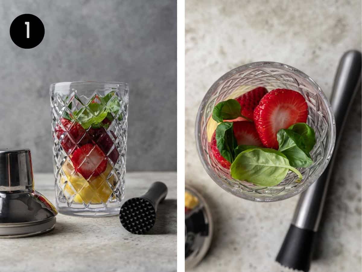 Lemon wedges, strawberries, and basil in a cocktail shaker.
