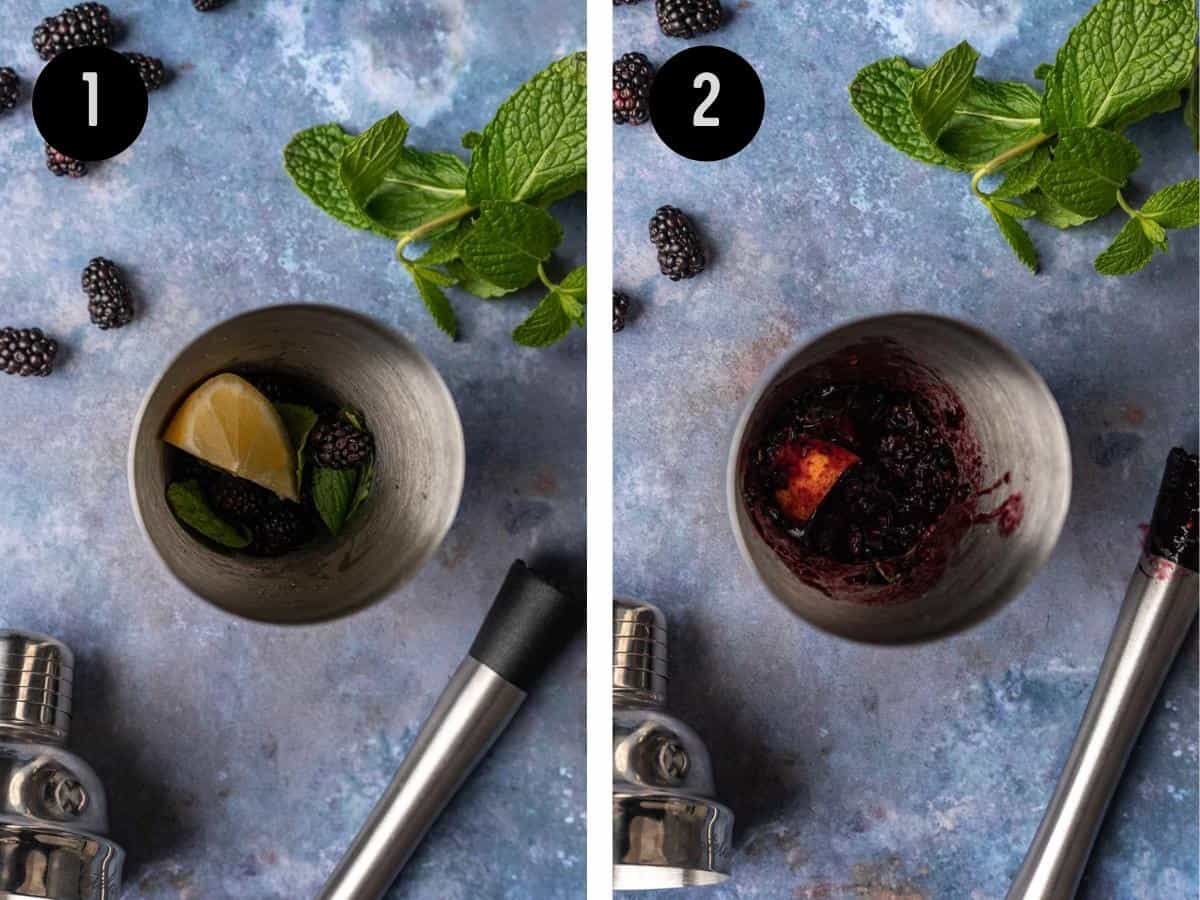 Muddled blackberries, lemon, and mint in a cocktail shaker.