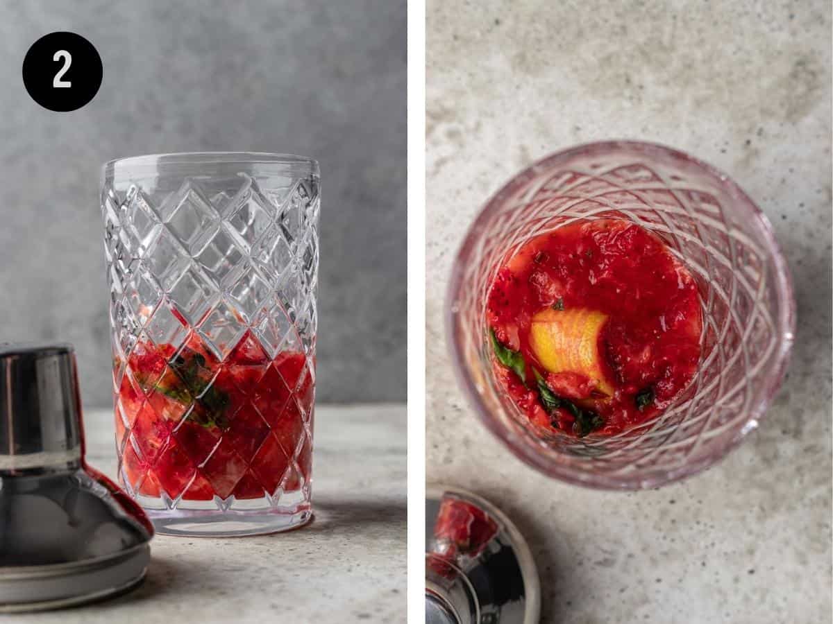 Lemon wedges, strawberries, and basil muddled in a cocktail shaker.