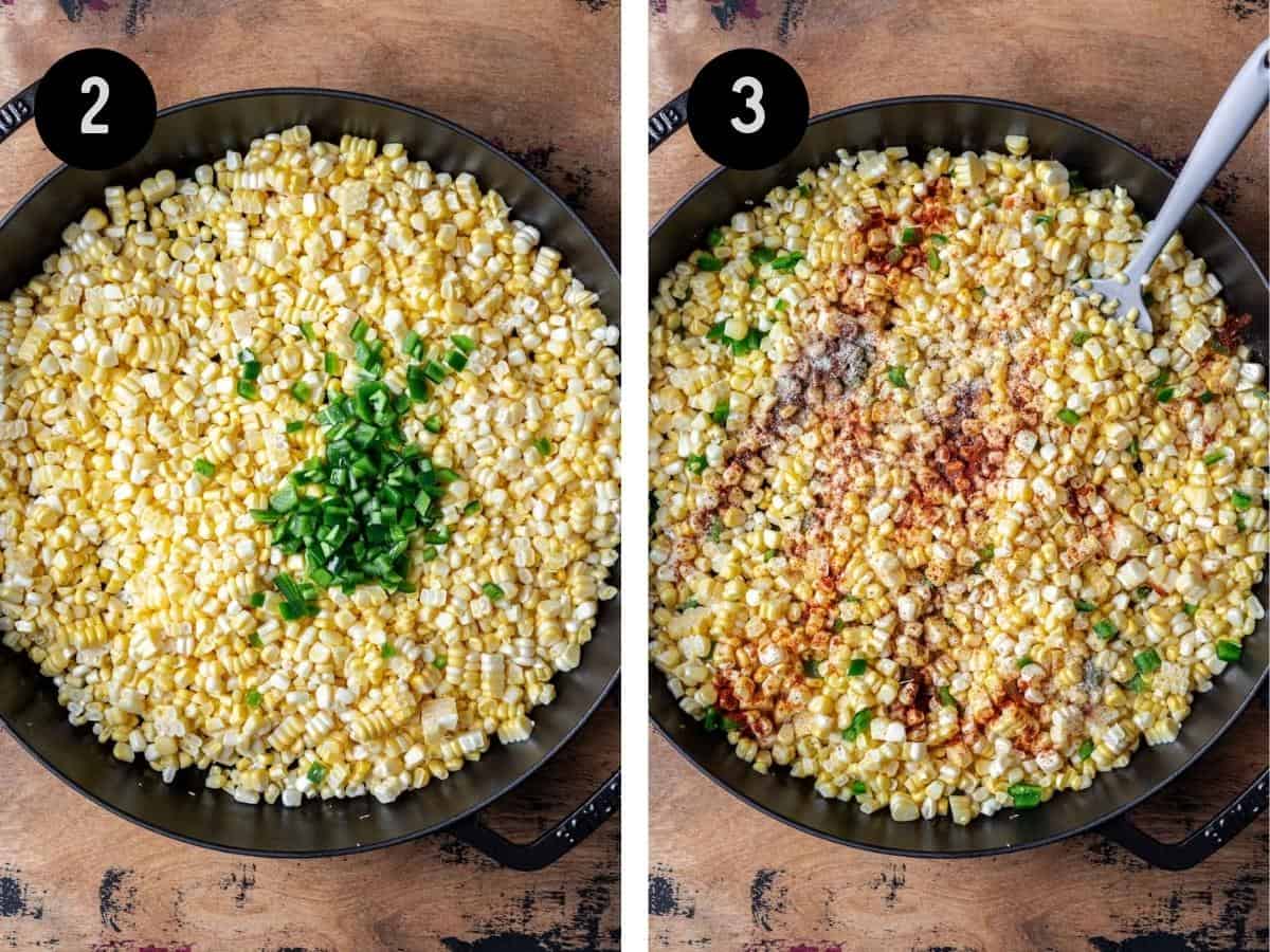 Corn kernels and jalapeño in a skillet. Then, seasoned with olive oil and spices.
