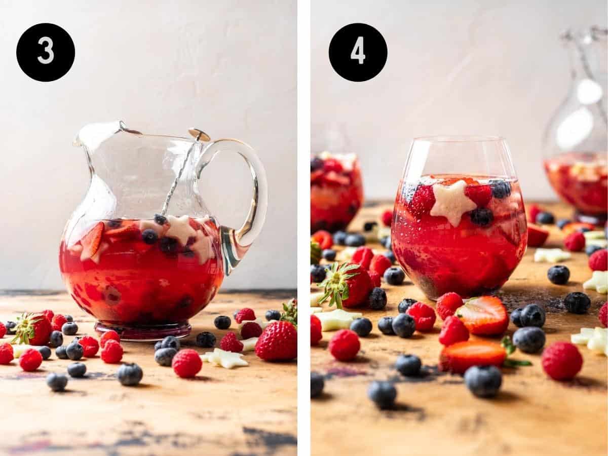 Fruit and sangria mixture in a pitcher and then in a wine glass.