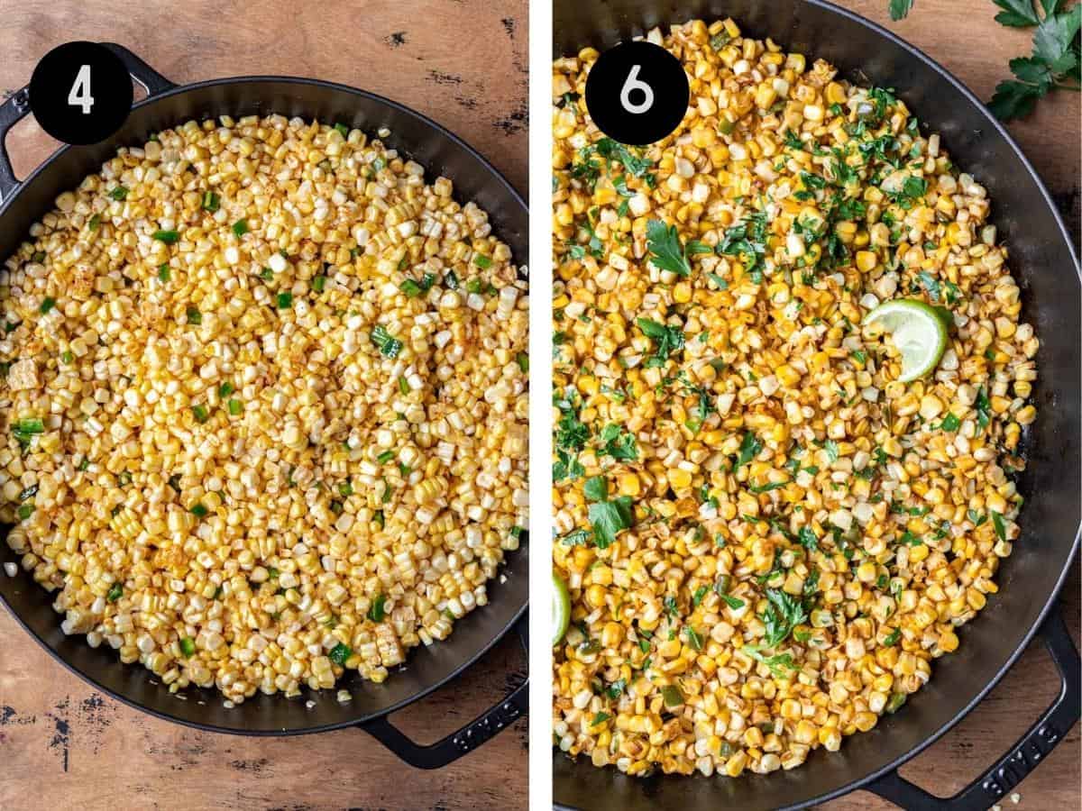 Corn and jalapeños mixed with seasonings. Then, roasted and topped with fresh herbs.