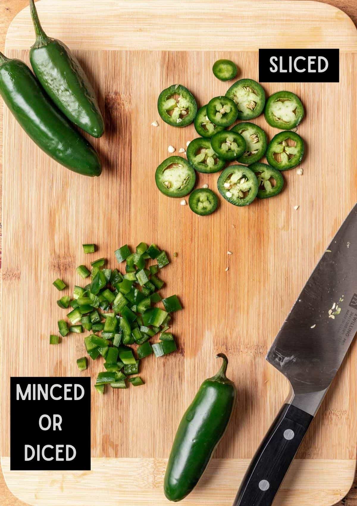Examples of minced (or diced) and sliced jalapeños on a cutting board.