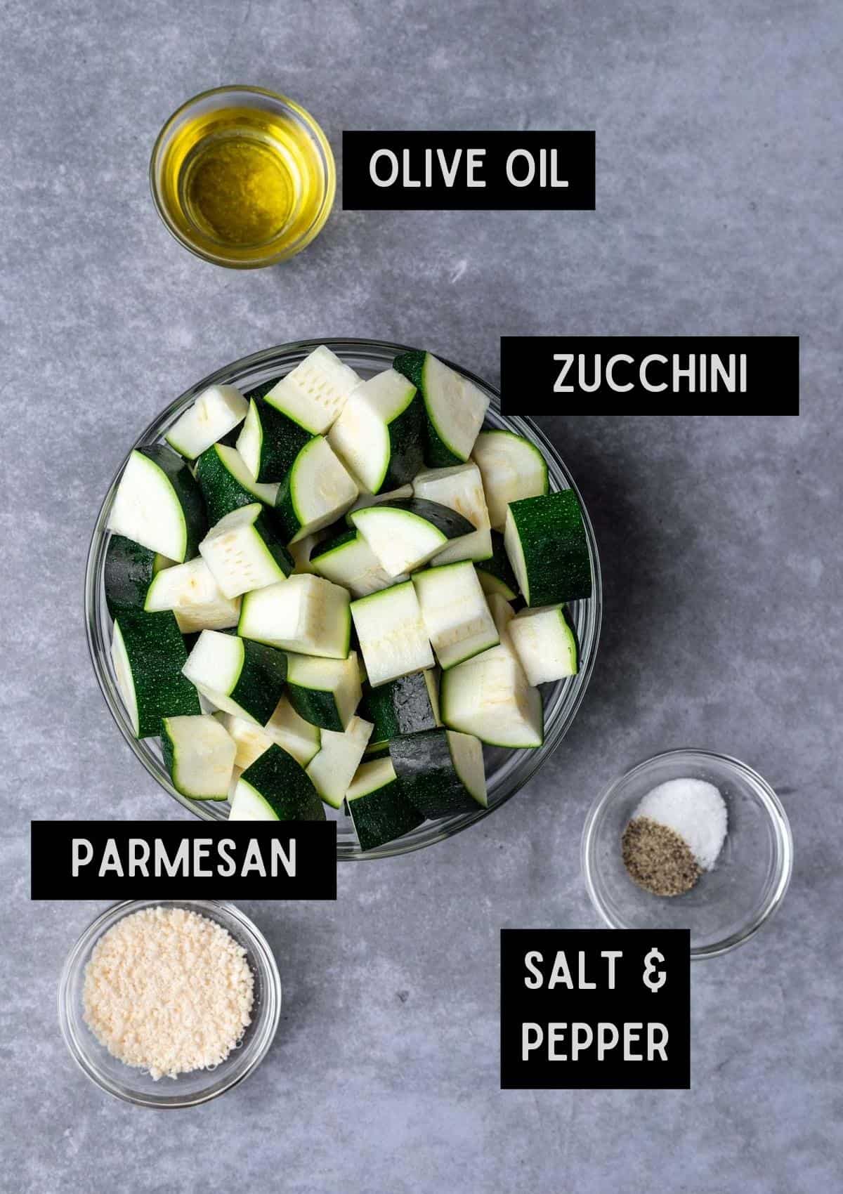 Labelled ingredients for air fryer zucchini (see recipe for details).