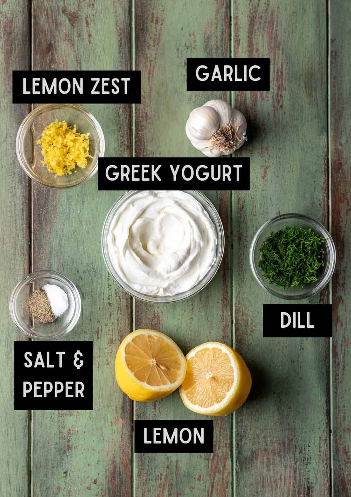 Labelled ingredients for lemon dill yogurt sauce (see recipe for details).