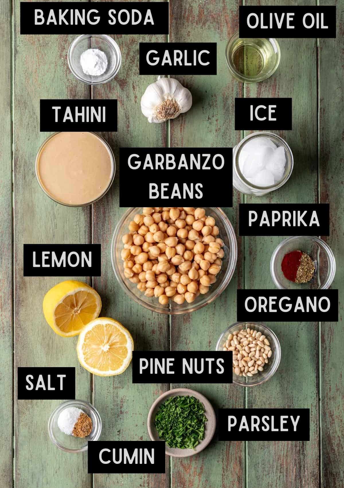 Labelled ingredients for pine nut hummus (see recipe for details).