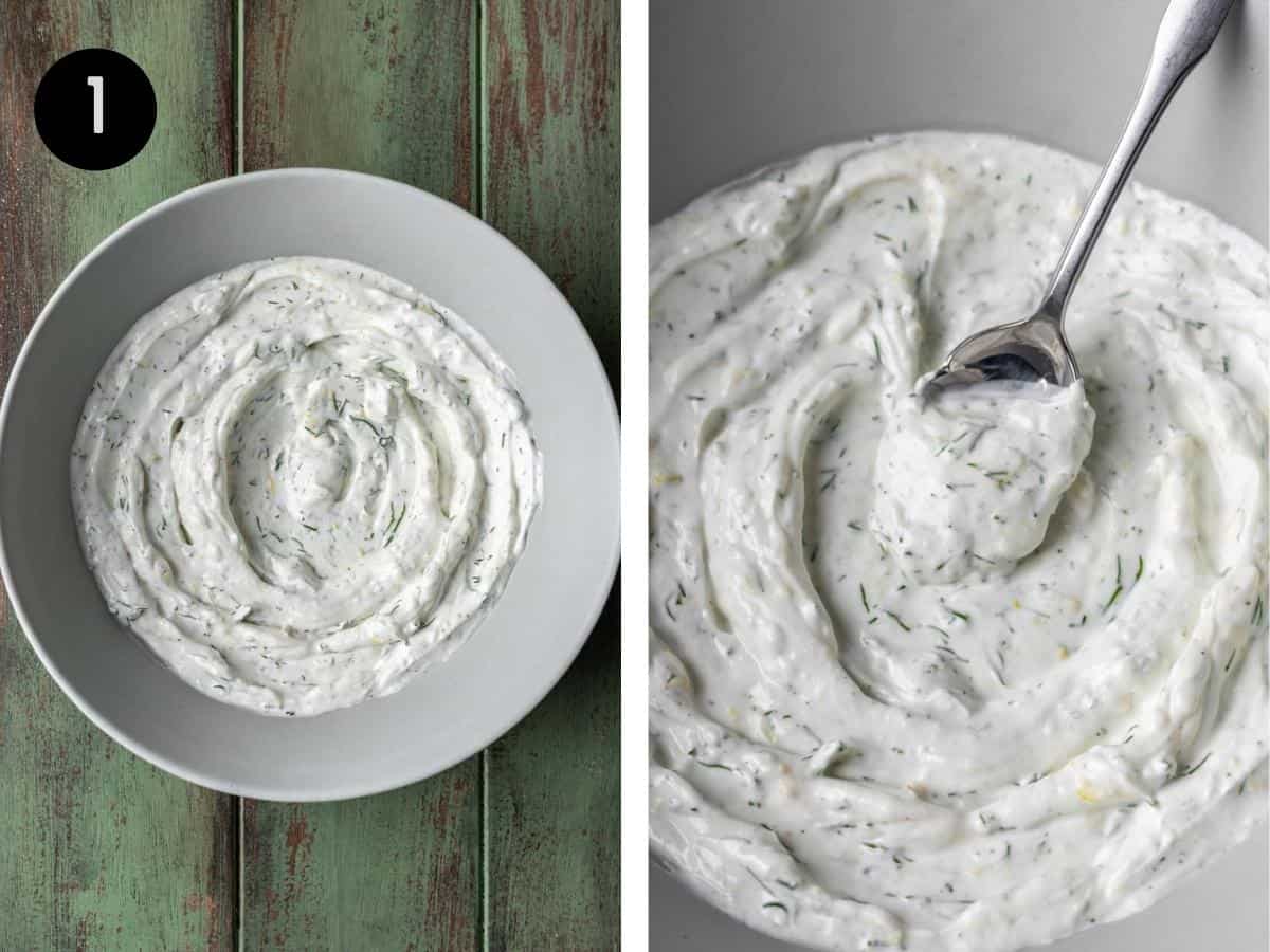 Mixing ingredients for lemon dill yogurt sauce in a mixing bowl.