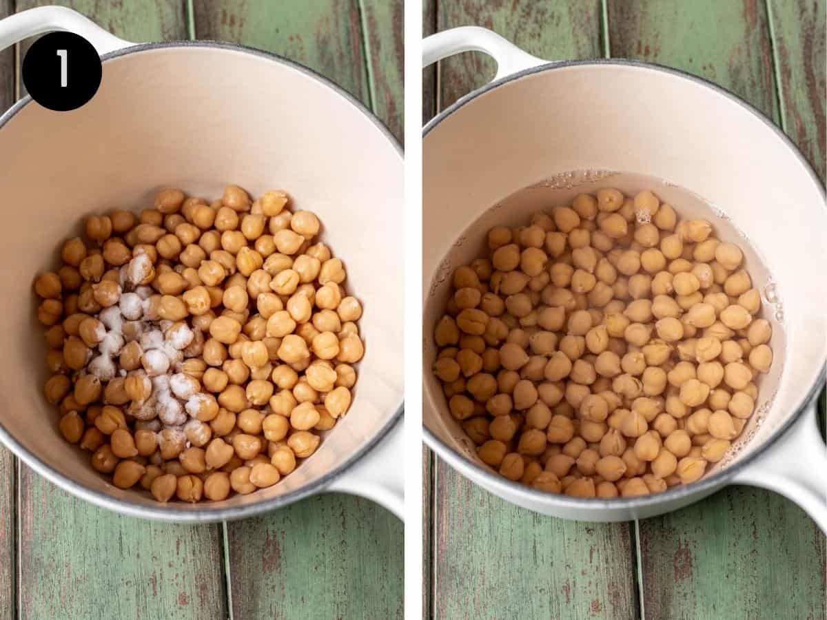 Garbanzo beans in a saucepan with baking soda and water.