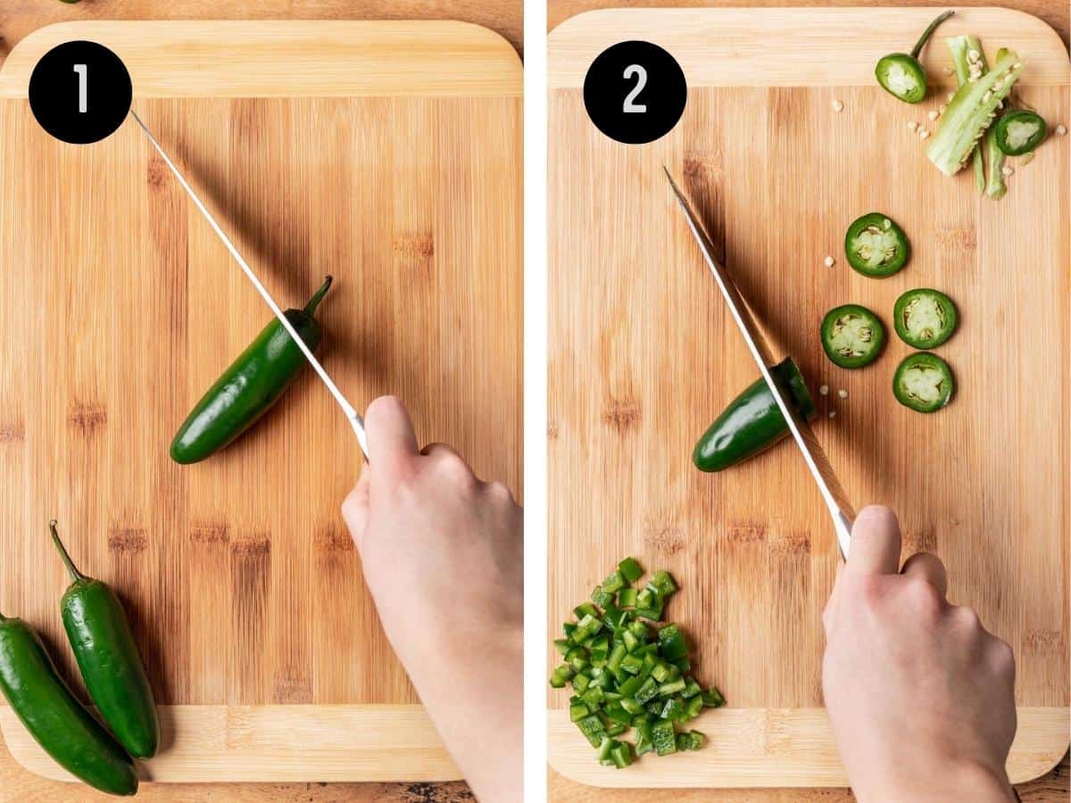 Cutting the top off a jalapeño and slicing it into rings.