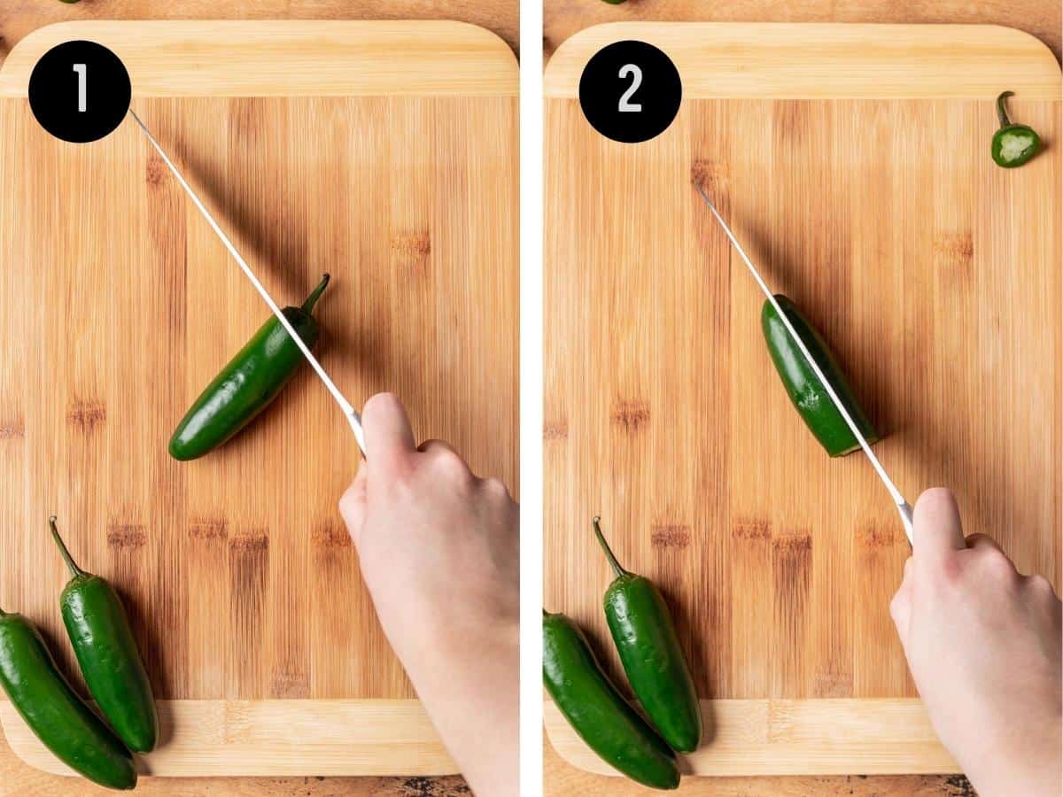 Slicing the top of the jalapeño off and then cutting it in half lengthwise.