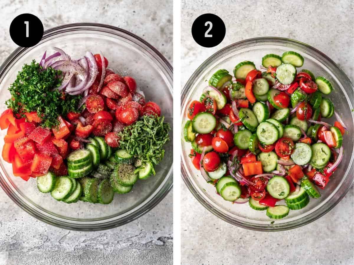 Cucumber, tomato, red pepper, onions, and fresh herbs in a mixing bowl.