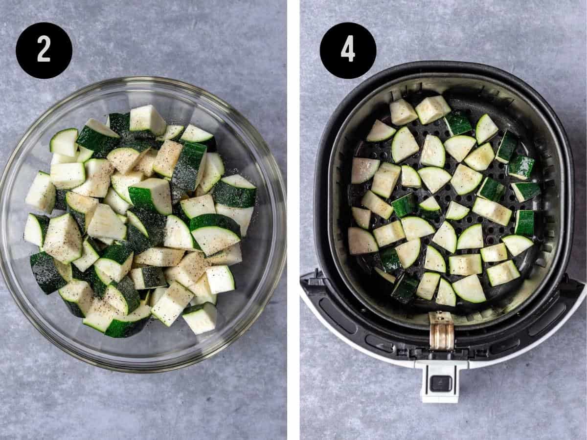 Zucchini in a mixing bowl with olive oil and seasonings, then added to the air fryer basket.