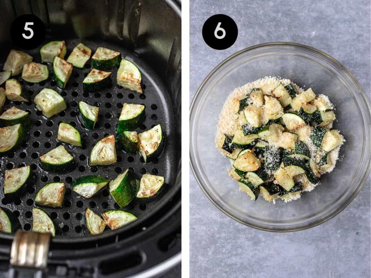 Zucchini in the air fryer basket after cooking, then in a mixing bowl topped with parmesan cheese.