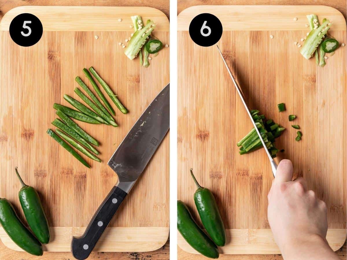 Cutting the thin strips of jalapeño into small cubed pieces.