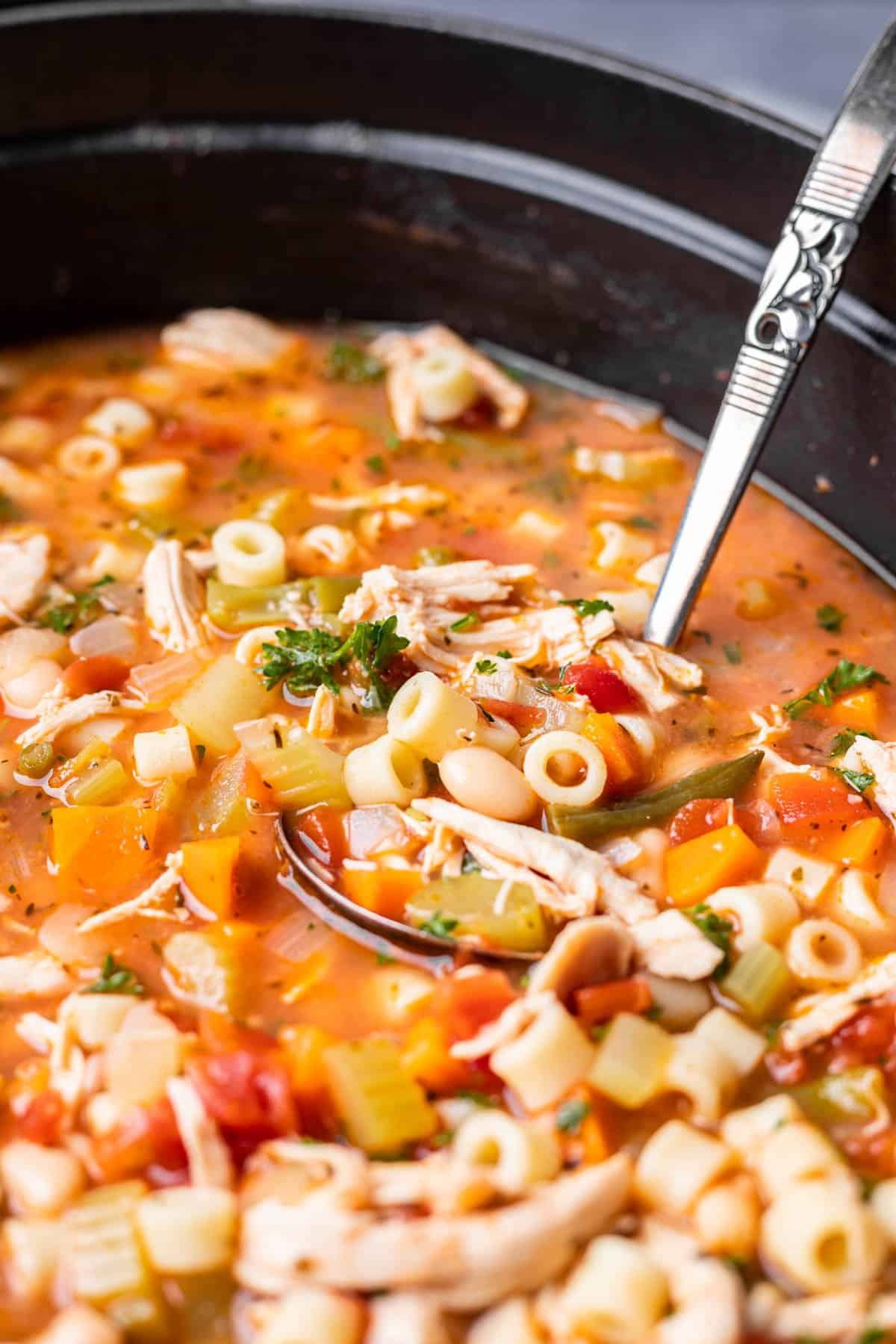 A ladle scooping out some chicken minestrone soup.