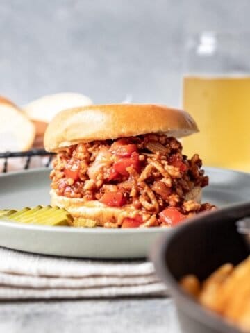 Ground chicken sloppy joes on a brioche bun with a side of pickles.