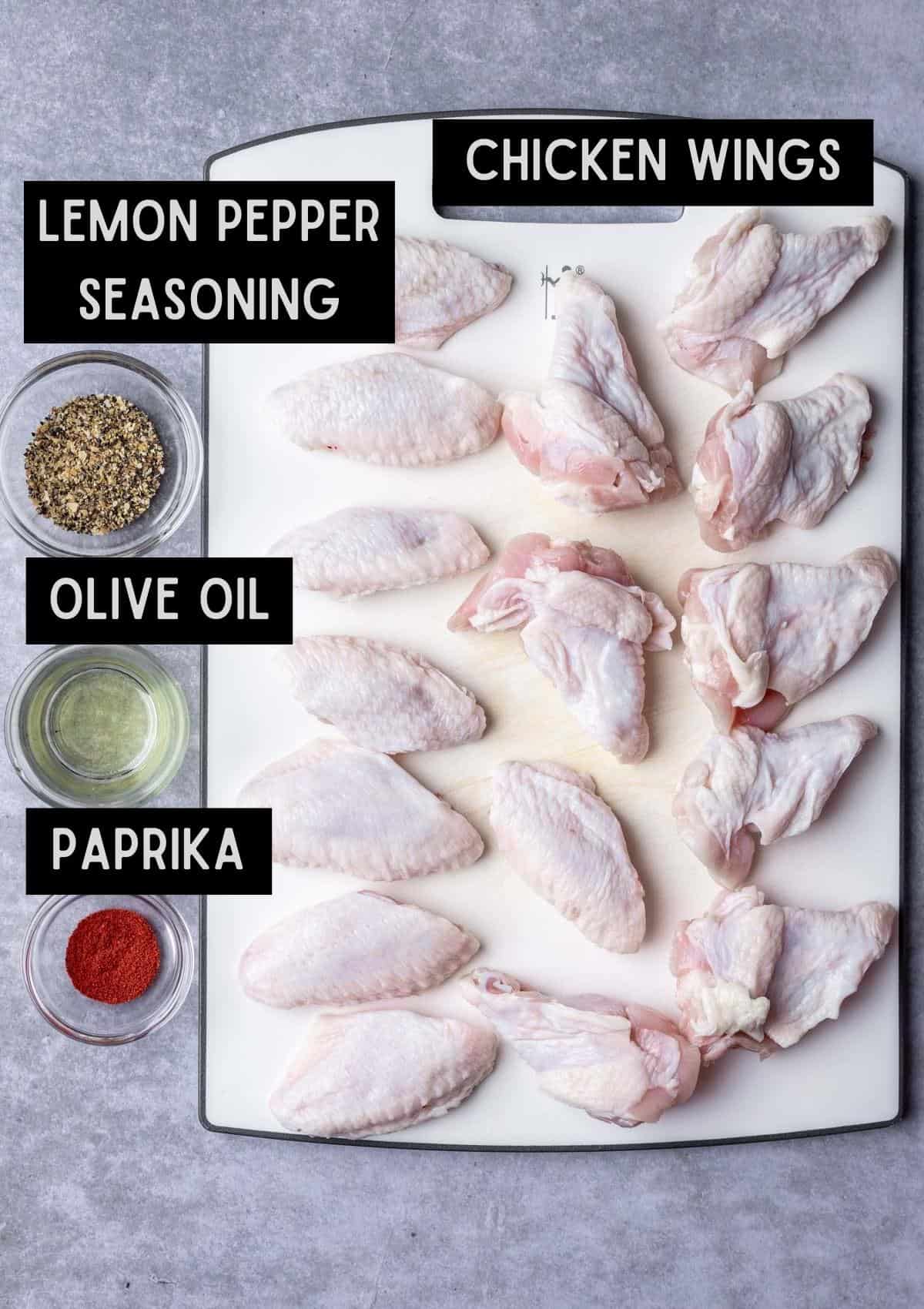 Labelled ingredients for air fryer lemon pepper wings (see recipe for details).