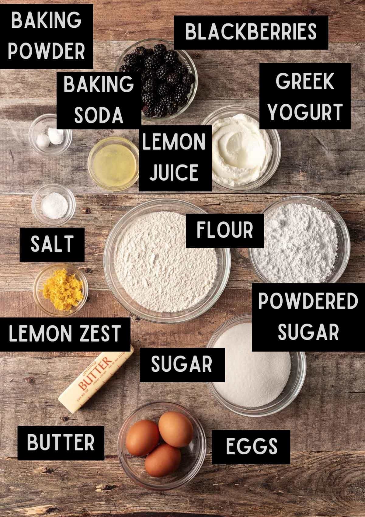Labelled ingredients for blackberry lemon bread (see recipe for details).