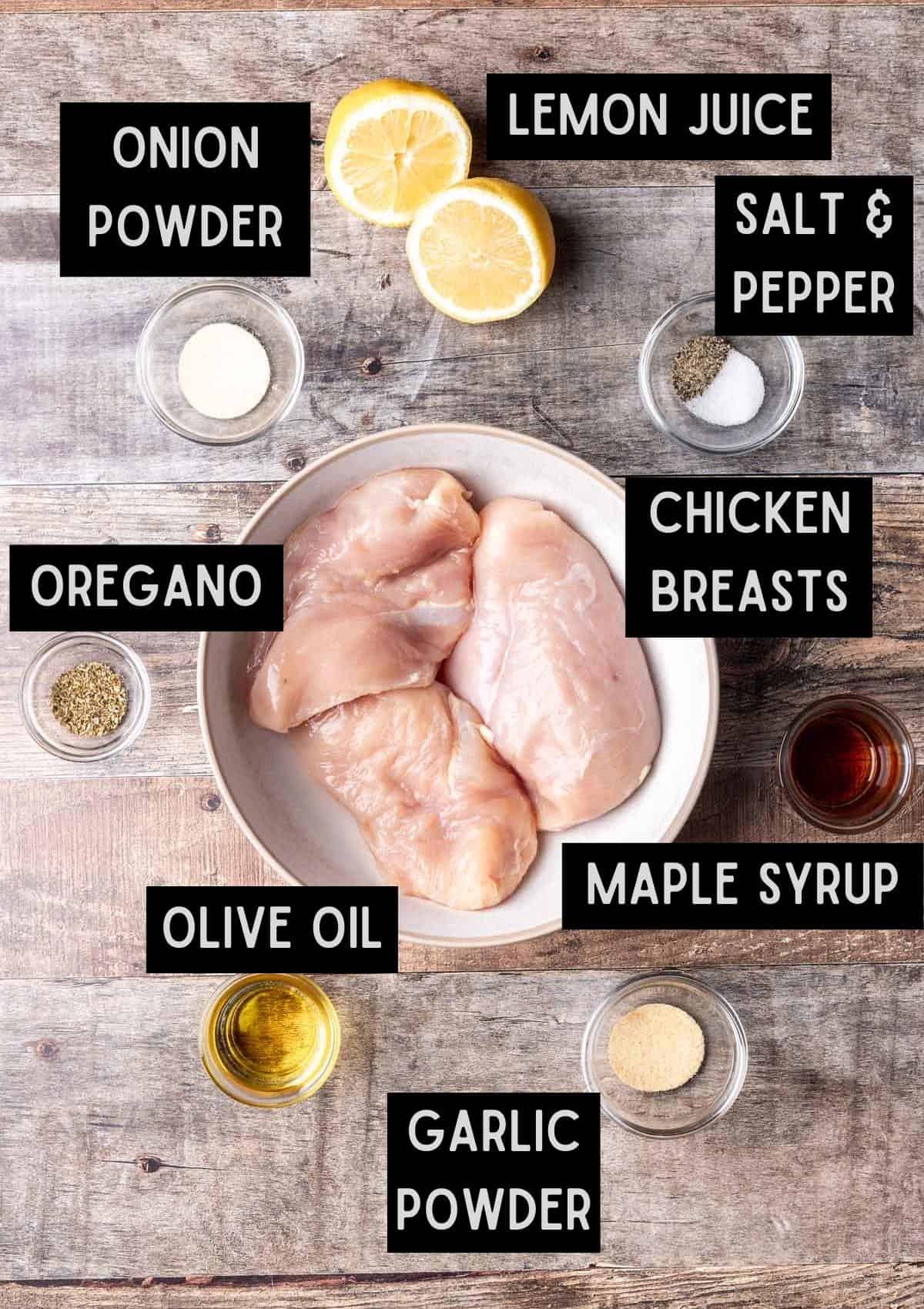 Labelled ingredients for cast iron skillet chicken breasts (see recipe for details).