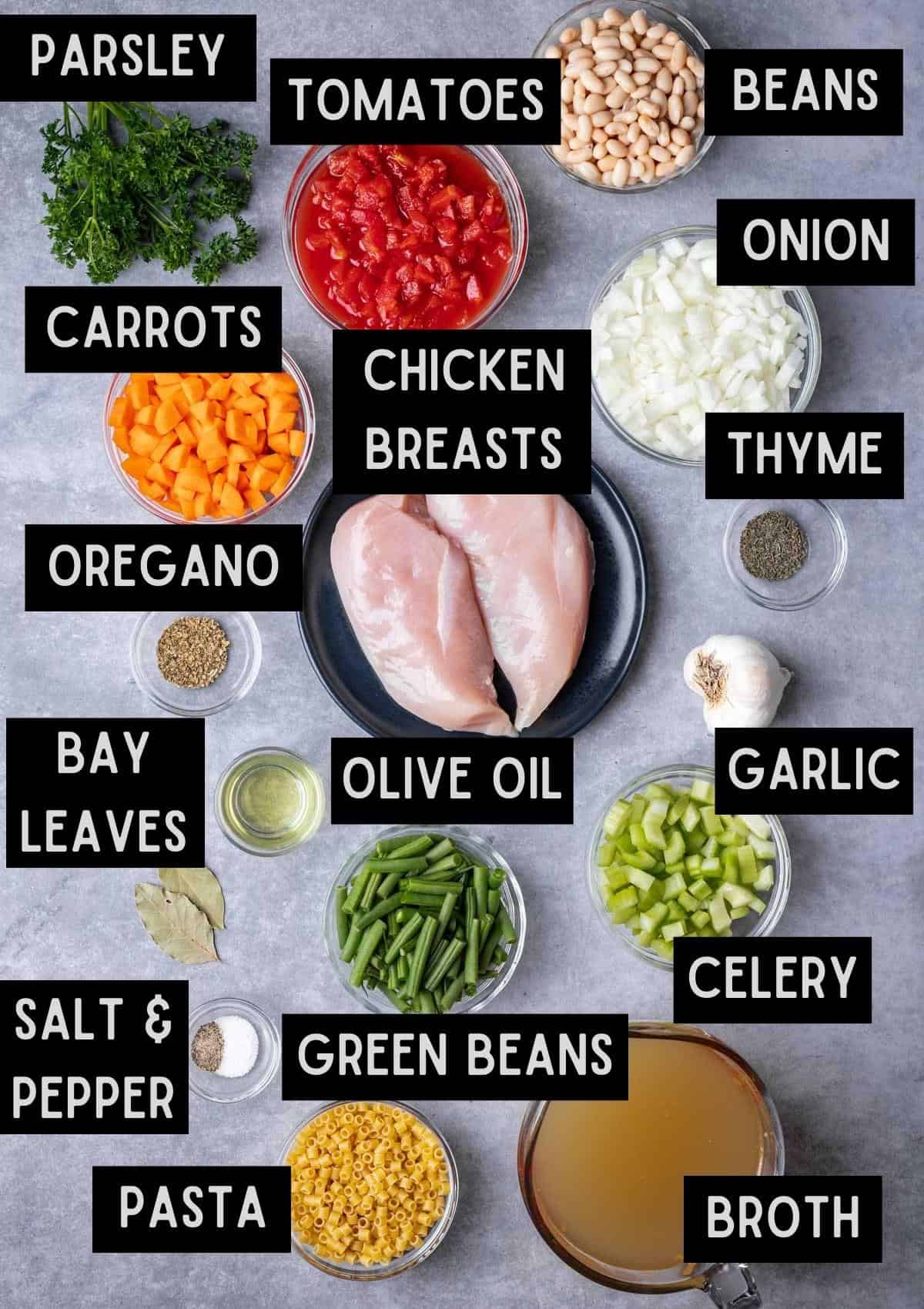 Labelled ingredients for chicken minestrone soup (see recipe for details).