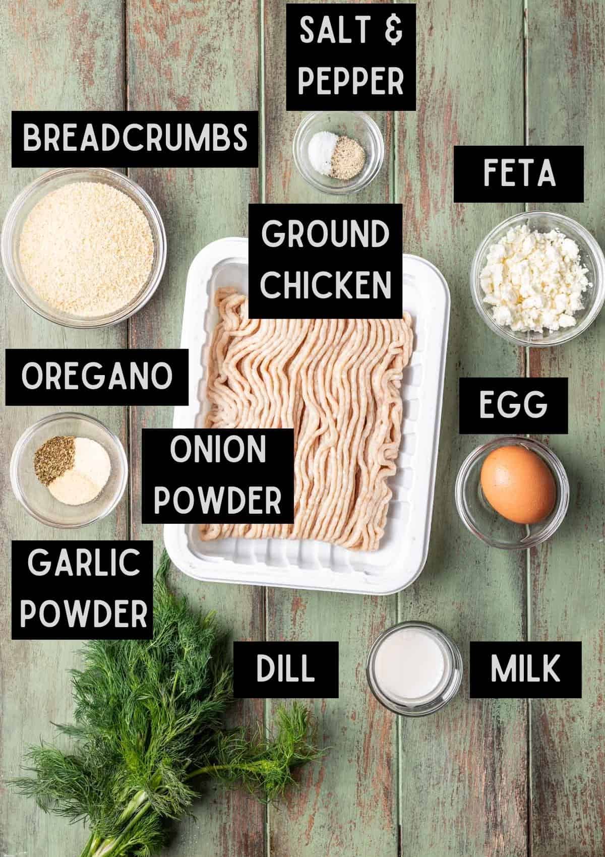 Labelled ingredients for greek chicken meatballs (see recipe for details).