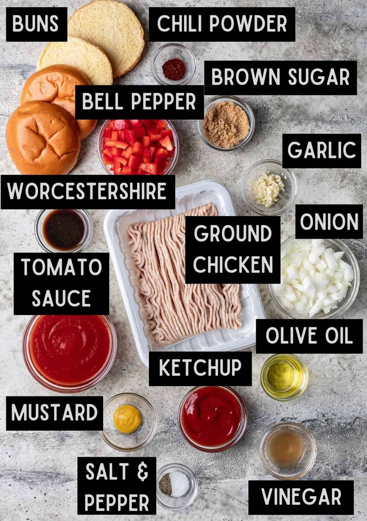 Labelled ingredients for ground chicken sloppy joes (see recipe for details).