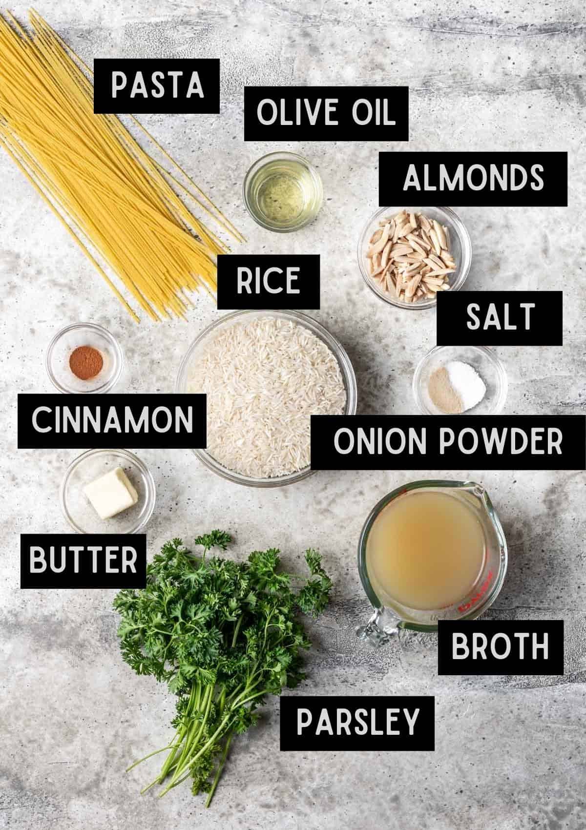Labelled ingredients for instant pot rice pilaf (see recipe for details).