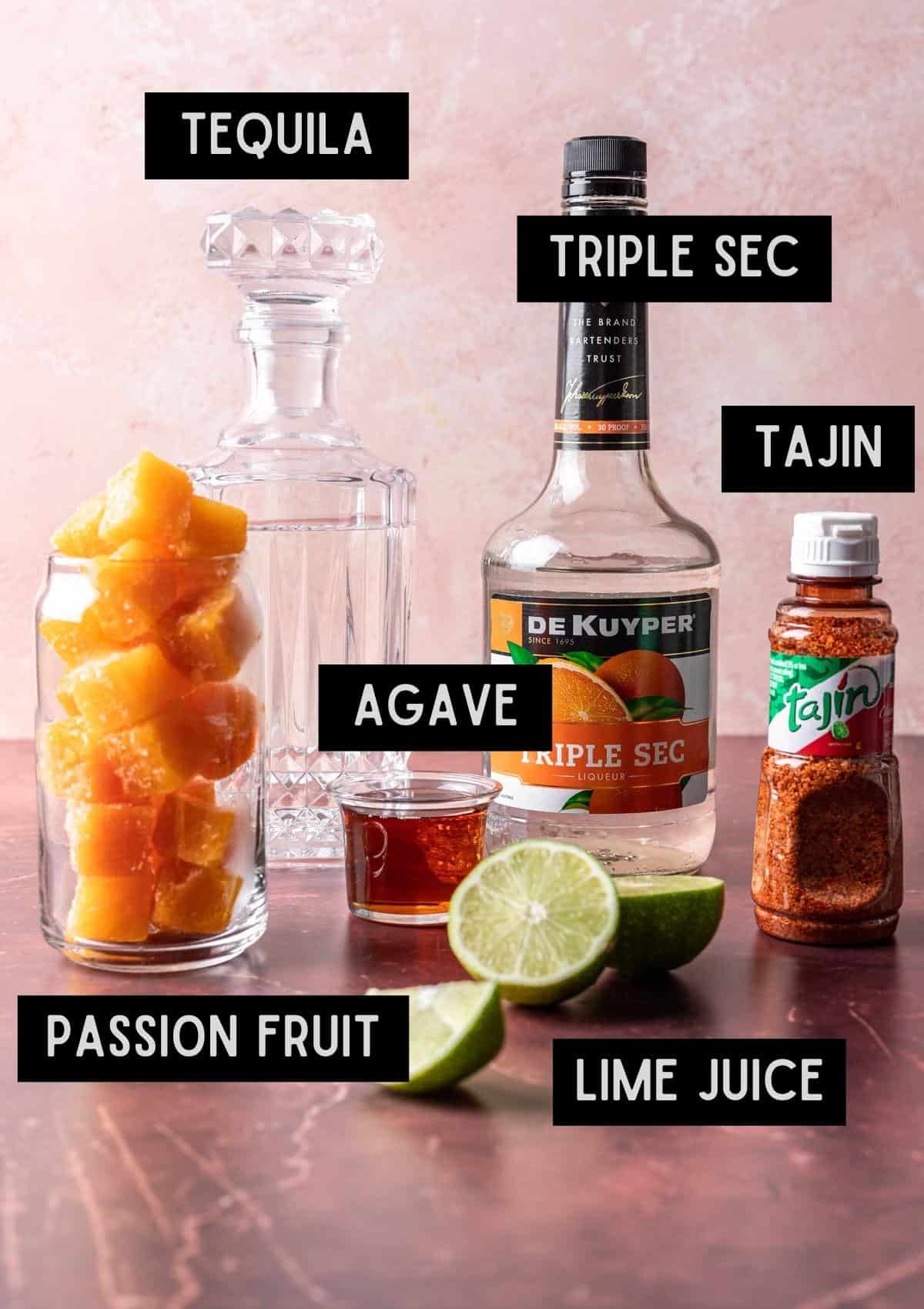 Labelled ingredients for passion fruit margaritas (see recipe for details).