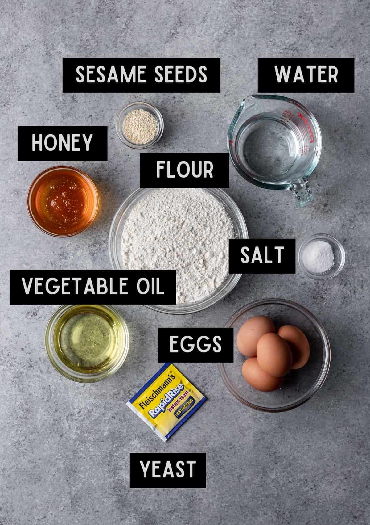 Labelled ingredients for round challah (see recipe for details).