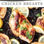 Pin graphic for cast iron chicken breasts.