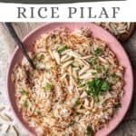 Pin graphic for instant pot rice pilaf.