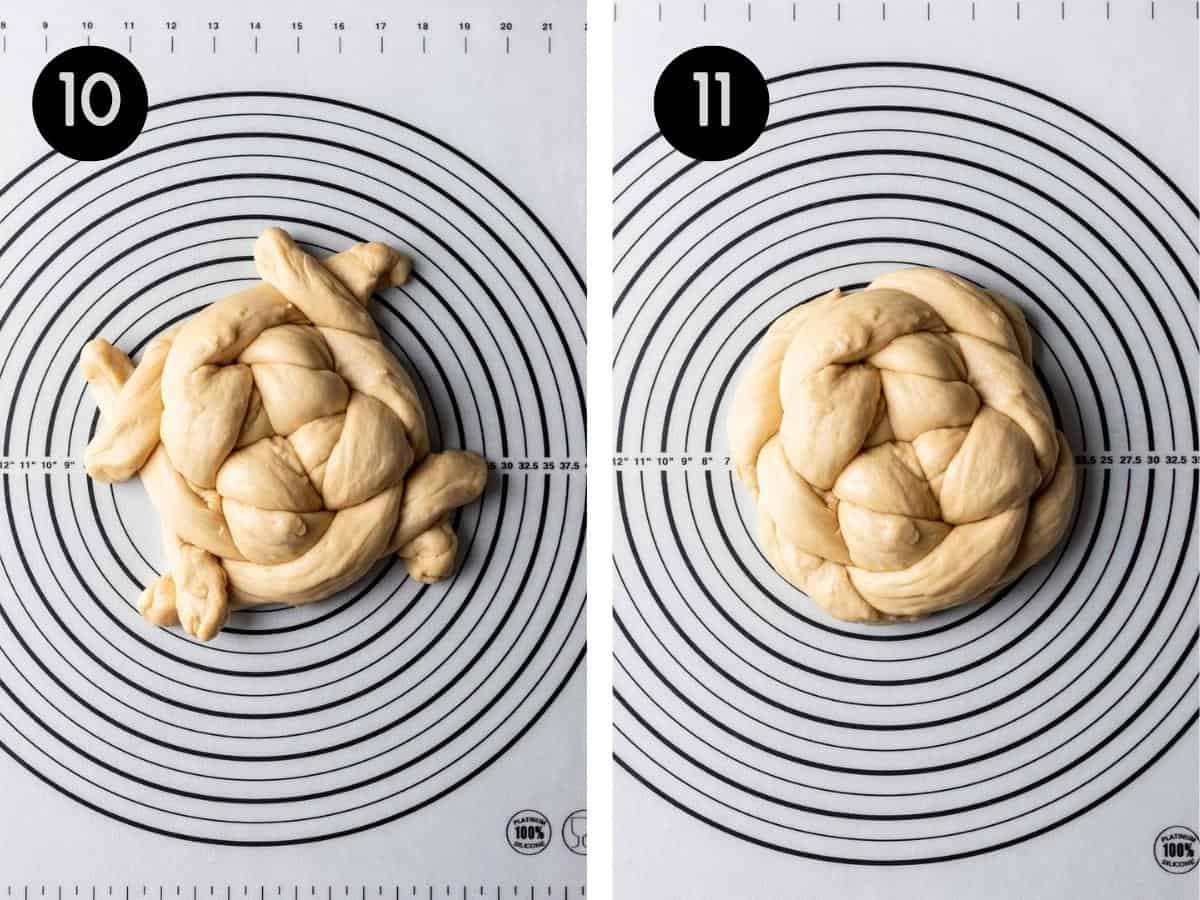 Raw challah dough braided into a round challah.