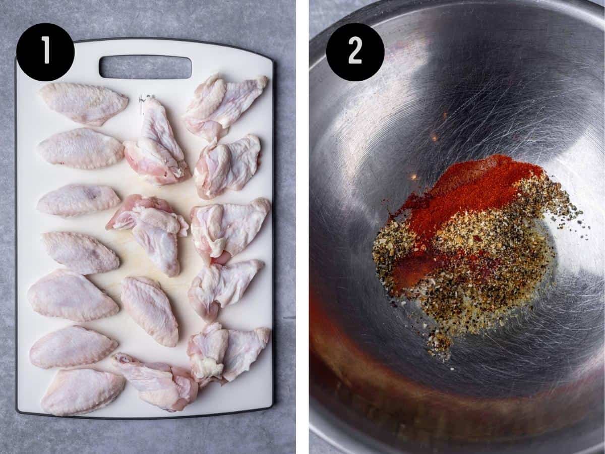 Raw chicken wings on a cutting board. Seasonings mixed together in a mixing bowl.