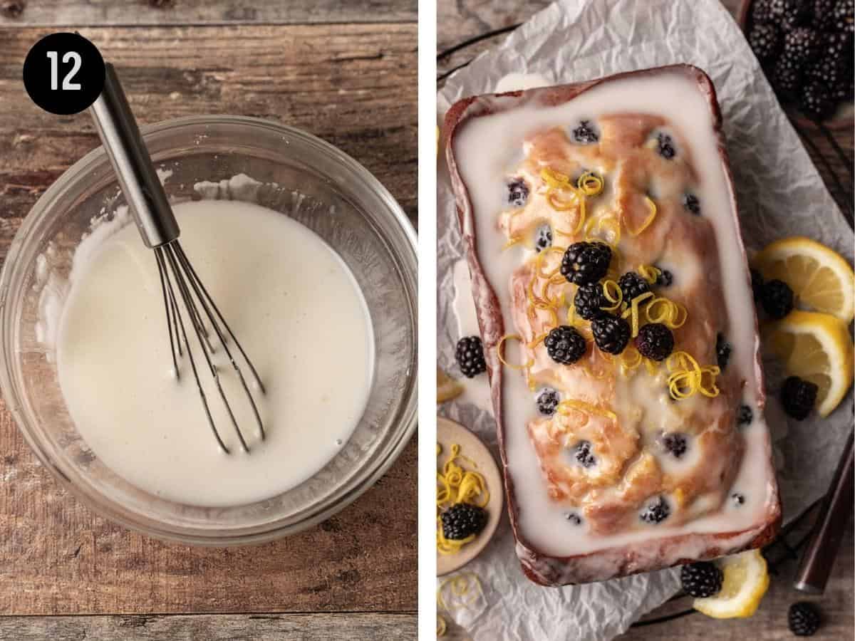 Lemon glaze in a bowl and on top of the blackberry bread.