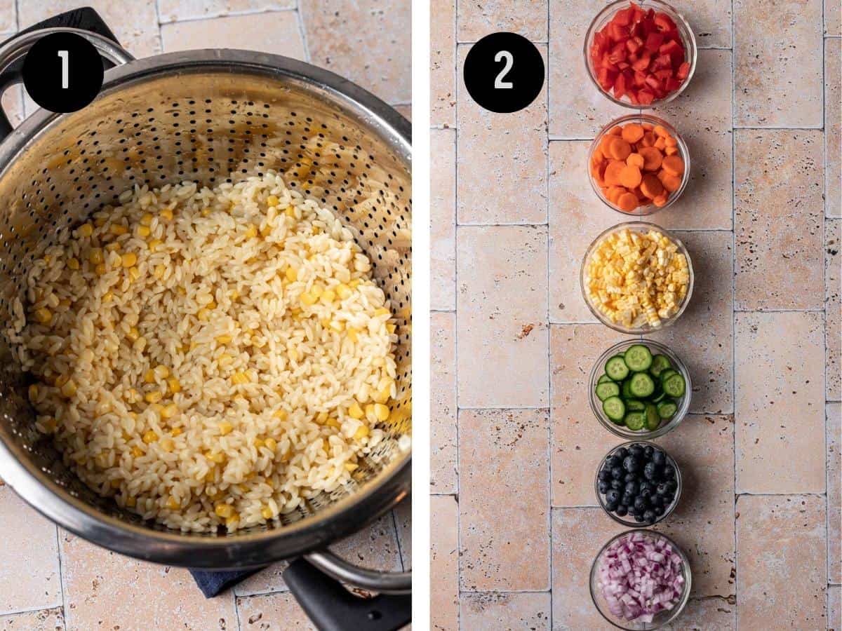 Cooked orzo and corn in a colander. Rainbow ingredients in prep bowls before adding to salad.