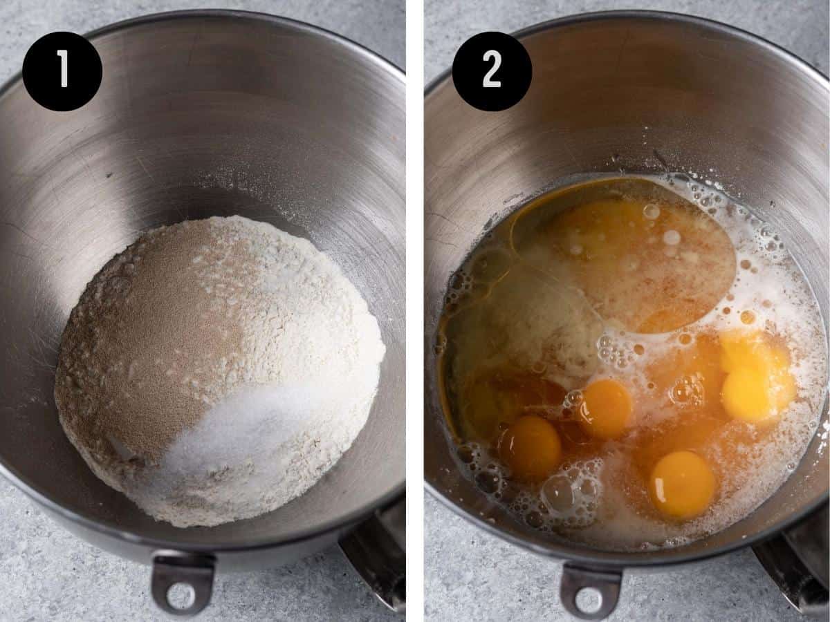 Dry ingredients in a mixing bowl. Then, topped with wet ingredients.