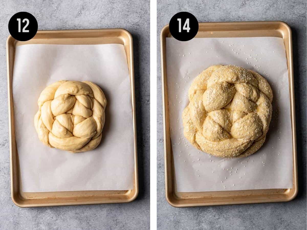Raw challah dough before and after rising on a baking sheet.