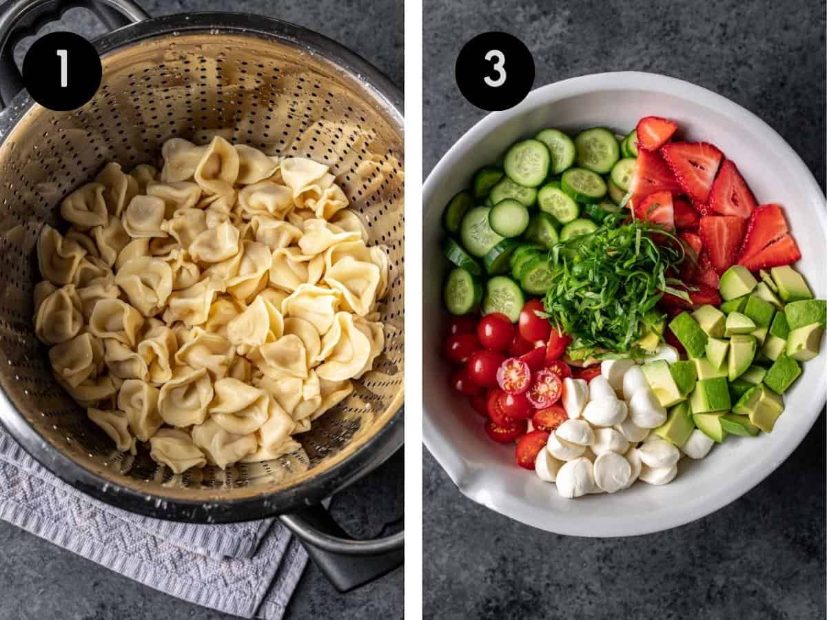 Cook tortellini in a colander. Cucumber, strawberries, basil, tomatoes, mozzarella, and avocado in a mixing bowl.